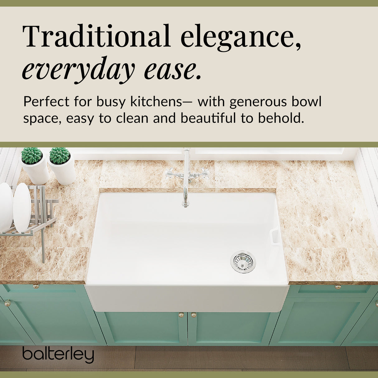 Belfast Fireclay Ceramic Kitchen Sink Bundle with Overflow, French Classic Tap & Waste