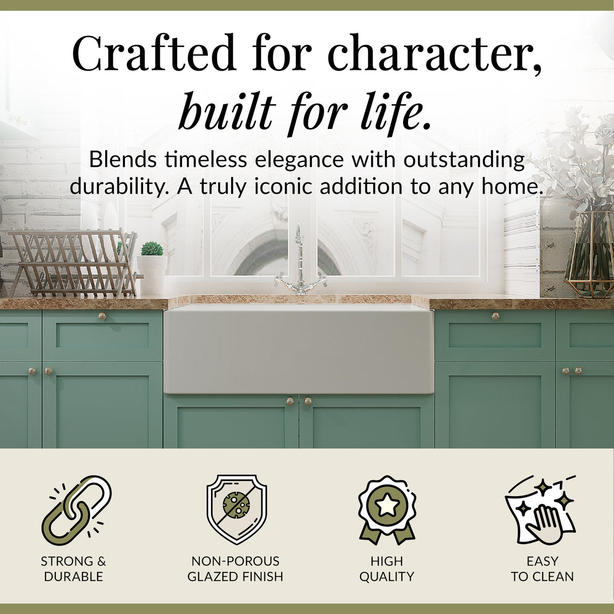 Belfast Fireclay Ceramic Kitchen Sink Bundle with Overflow, French Classic Tap & Waste