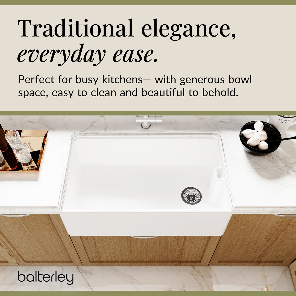 Single Bowl Fireclay Ceramic Belfast Kitchen Sink & Basket Strainer Waste - 795mm