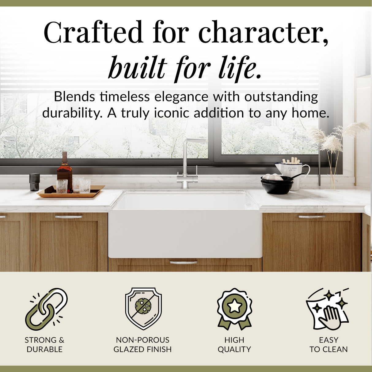 Single Bowl Fireclay Ceramic Belfast Kitchen Sink & Basket Strainer Waste - 795mm