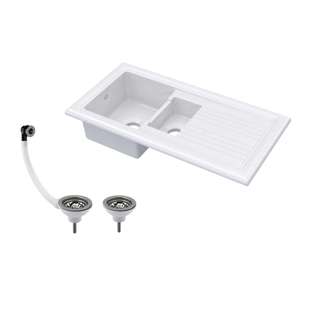 101cm 1.5 Bowl Fireclay Inset Kitchen Sink with Waste - 1010 x 525 x 235mm - Choice of Waste Finish