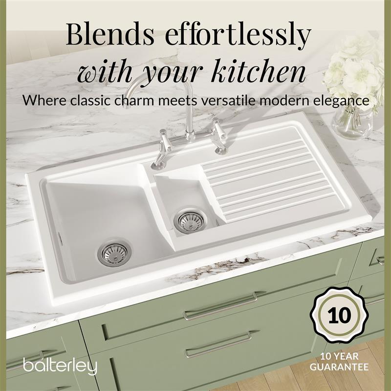 Fireclay Kitchen Bundle - 1.5 Bowl Sink & Drainer, Waste & Bridge Lever Tap, 1010mm - Chrome