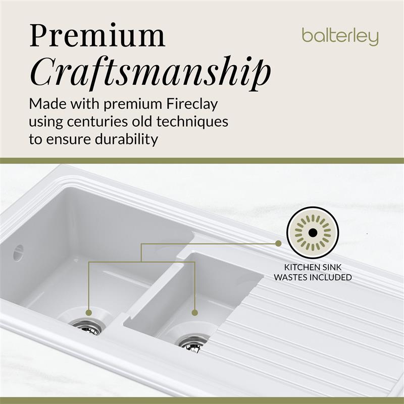 1.5 Bowl Fireclay Ceramic Inset Kitchen Sink with Compatible Drainer Wastes - 1010mm