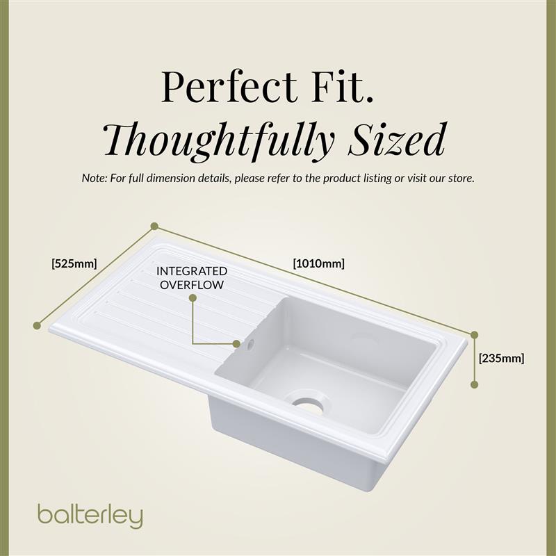 Single Bowl Fireclay Ceramic Inset Kitchen Sink & Drainer, Includes Compatible Waste, 1010mm