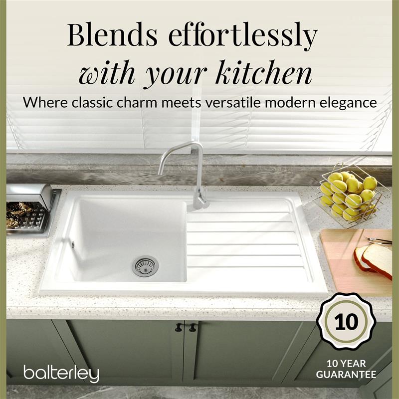 Single Bowl Fireclay Ceramic Inset Kitchen Sink & Drainer, Includes Compatible Waste, 1010mm