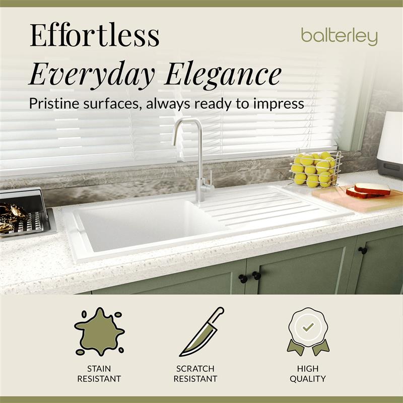 Single Bowl Fireclay Ceramic Inset Kitchen Sink & Drainer, Includes Compatible Waste, 1010mm