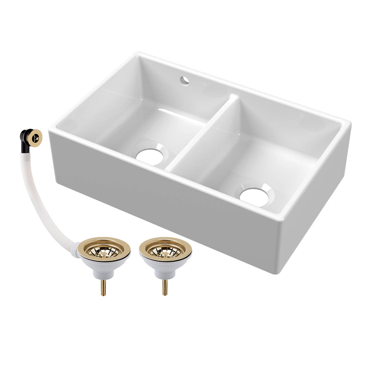 Double Bowl Fireclay Butler Kitchen Sink with Stepped Weir and Overflow - 795mm - Choice of Wastes