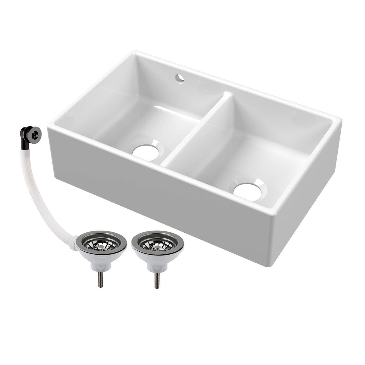 Double Bowl Fireclay Butler Kitchen Sink with Stepped Weir and Overflow - 795mm - Choice of Wastes