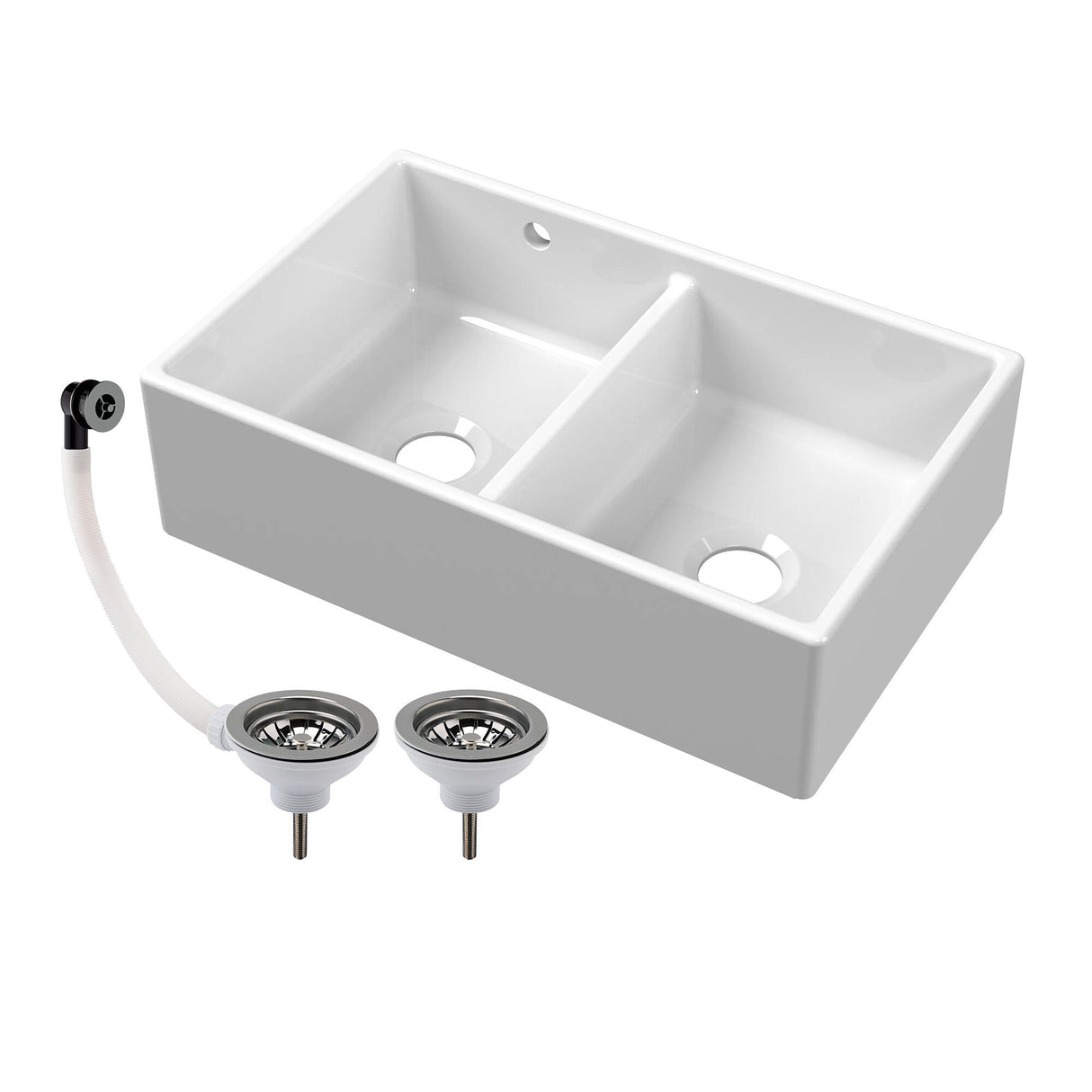 Double Bowl Fireclay Butler Kitchen Sink with Stepped Weir and Overflow - 795mm - Choice of Wastes