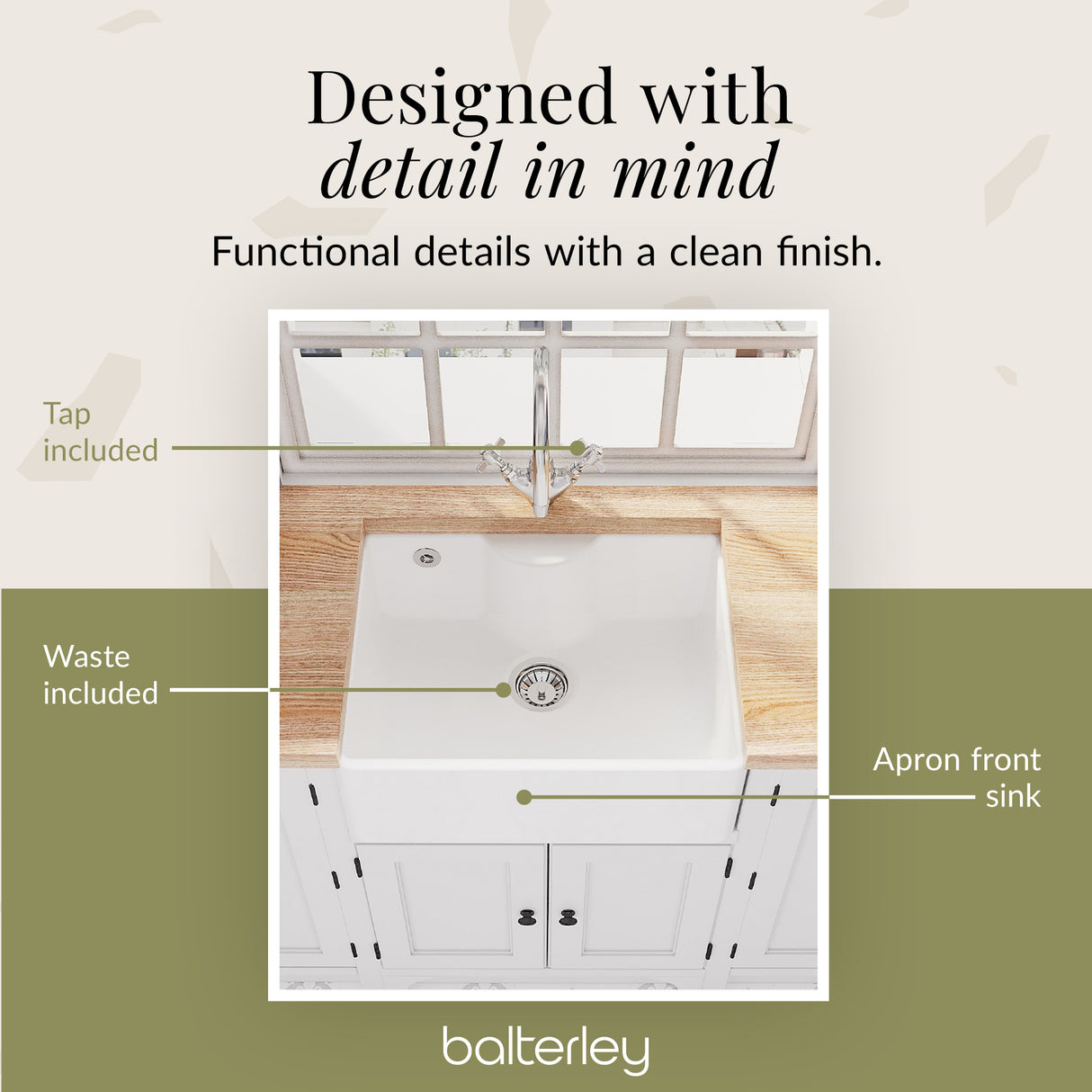 Single Bowl Fireclay Ceramic Butler Kitchen Sink Bundle with Tap Ledge, Overflow, Tap & Waste