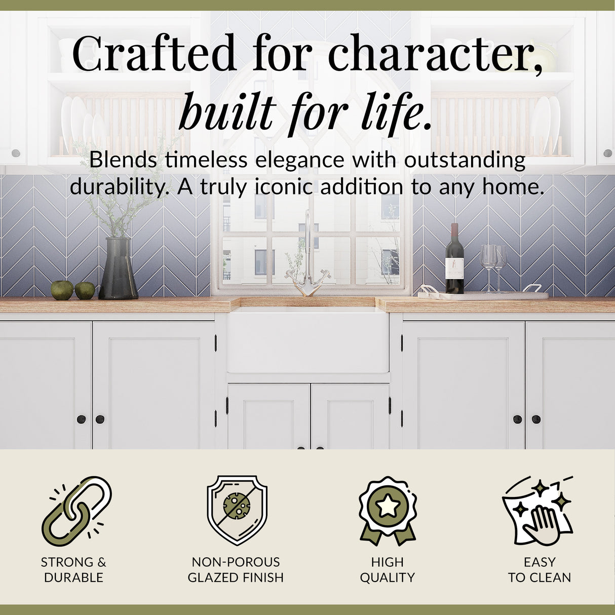 Single Bowl Fireclay Ceramic Butler Kitchen Sink Bundle with Tap Ledge, Overflow, Tap & Waste