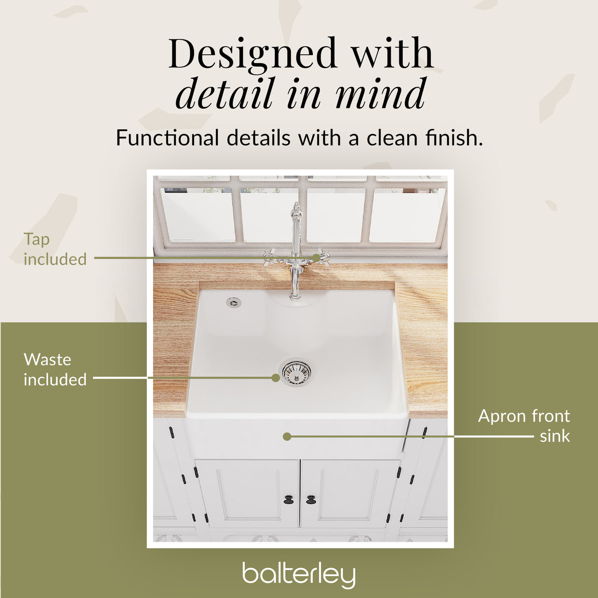 Single Bowl Fireclay Ceramic Butler Kitchen Sink Bundle with Classic Tap & Waste