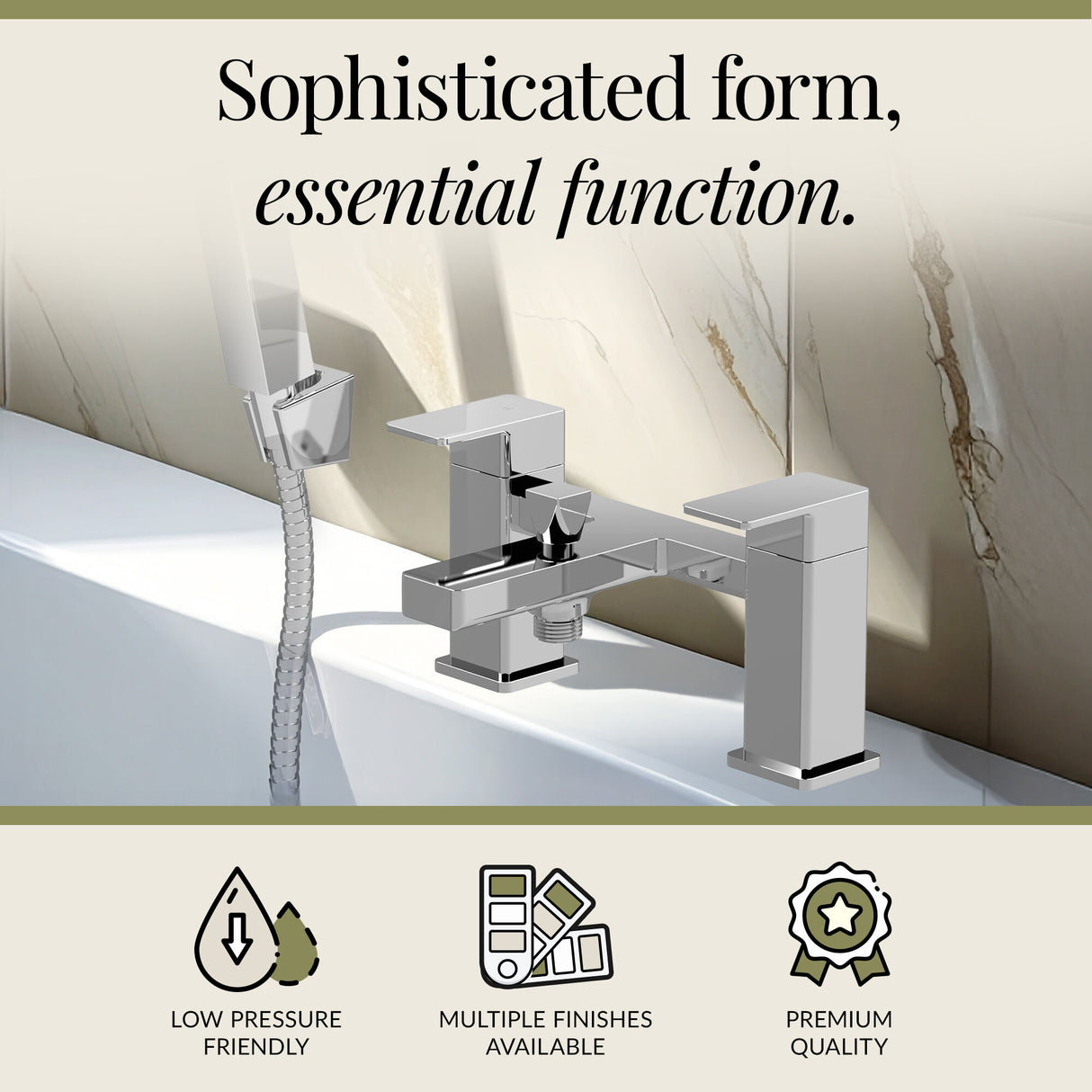 Square Deck Mounted Dual Lever Bath Shower Mixer Tap with Kit - Choice of Finish