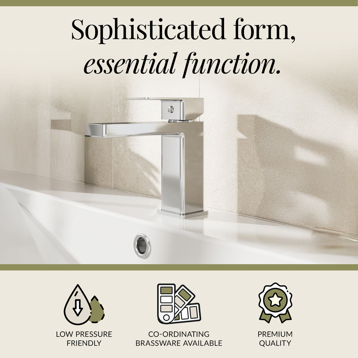 Square Mono Basin Mixer Bathroom Sink Tap with Push Button Waste