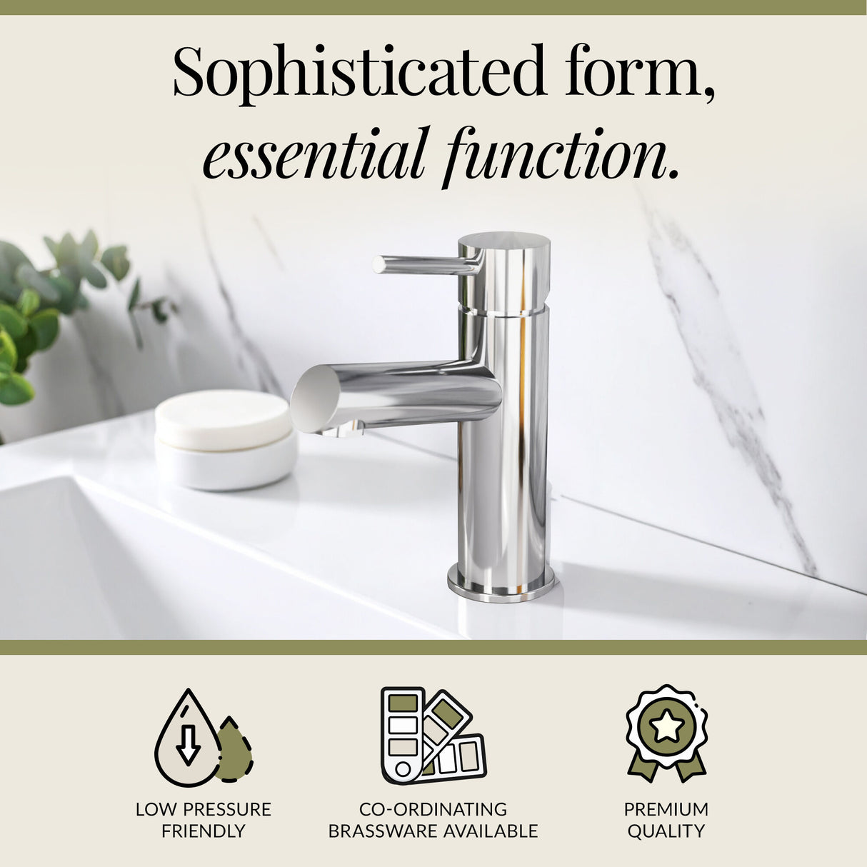 Minimalist Round Mono Basin Mixer Tap & Push Button Waste - Choice of Finish