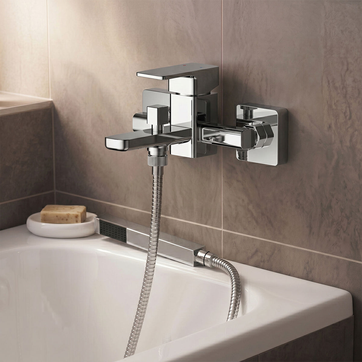 Wall Mounted Square Bath Shower Mixer Tap with Shower Kit - Chrome ...