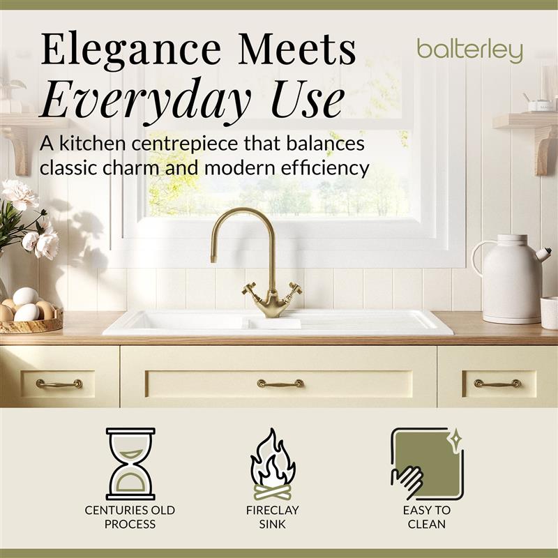 Fireclay Kitchen Bundle - 1.5 Bowl Sink & Drainer, Waste & Mono Crosshead Tap, 1010mm - Brushed Brass