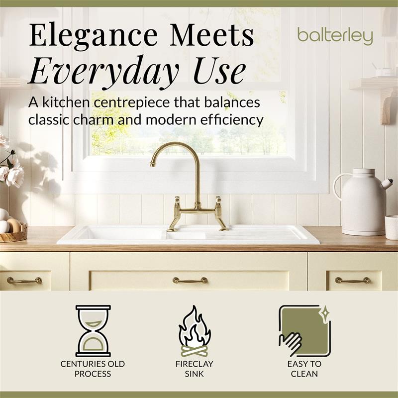 Fireclay Kitchen Bundle - 1.5 Bowl Sink & Drainer, Waste & Bridge Lever Tap, 1010mm - Brushed Brass