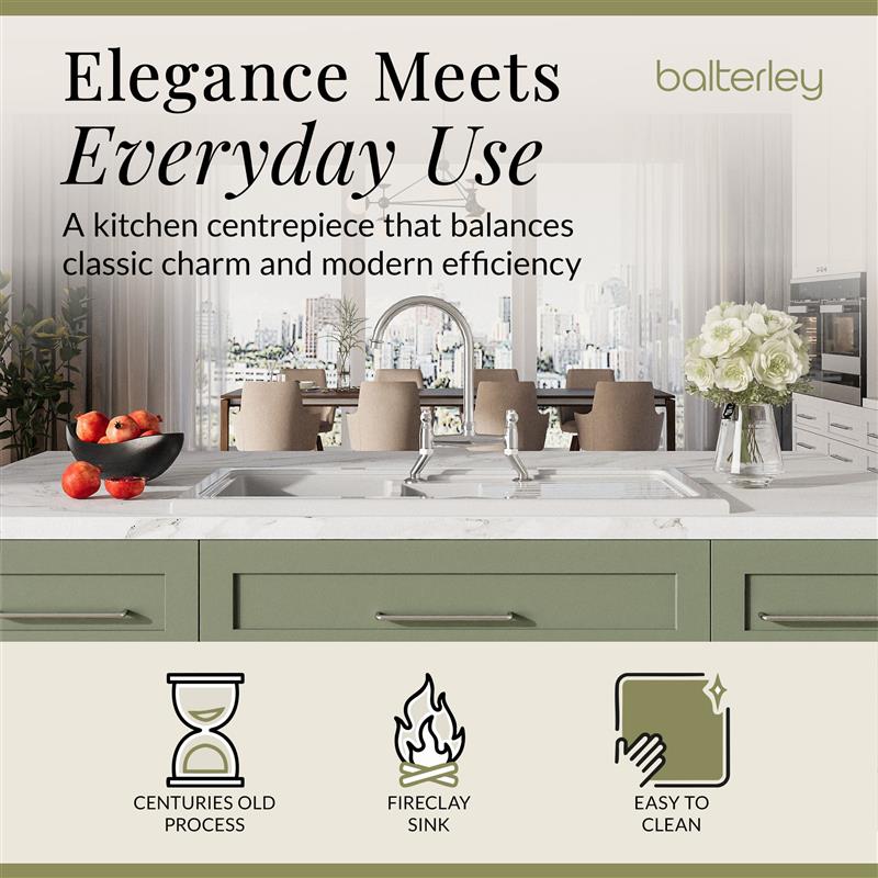 Fireclay Kitchen Bundle - 1.5 Bowl Sink & Drainer, Waste & Bridge Lever Tap, 1010mm - Chrome