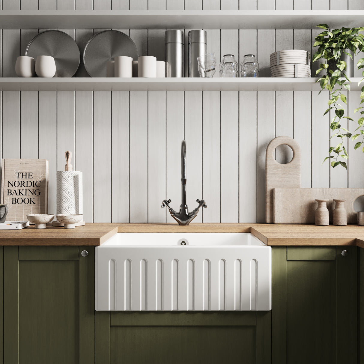 Fireclay Kitchen Single Bowl Fluted Butler Sink - Multiple Sizes Available