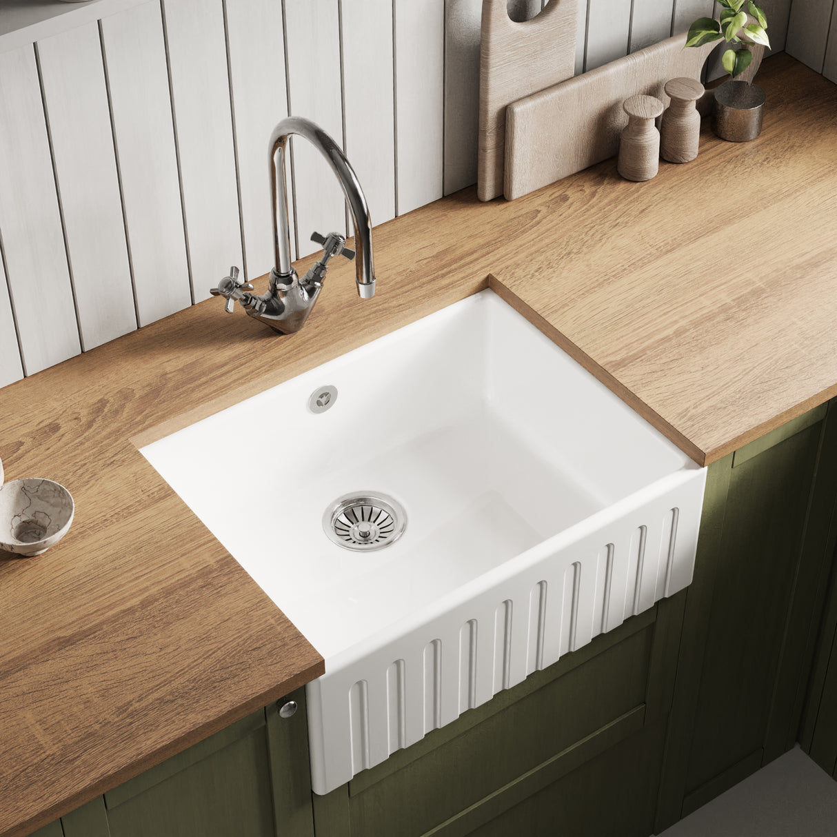 Fireclay Kitchen Single Bowl Fluted Butler Sink - Multiple Sizes Available