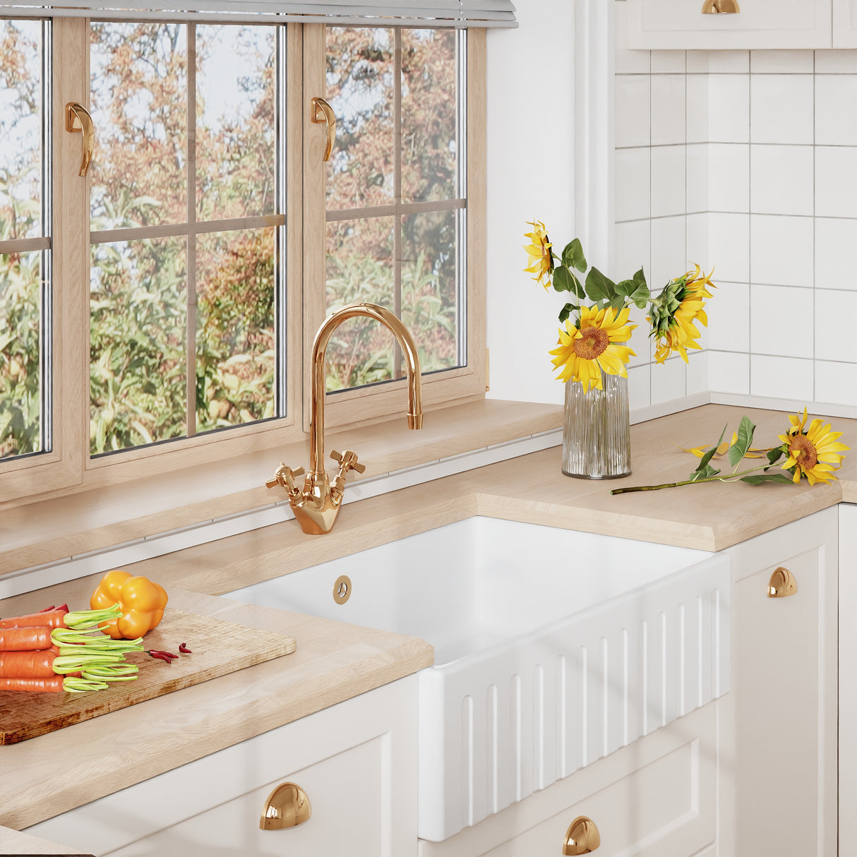 Fireclay Kitchen Single Bowl Fluted Butler Sink - Multiple Sizes Available