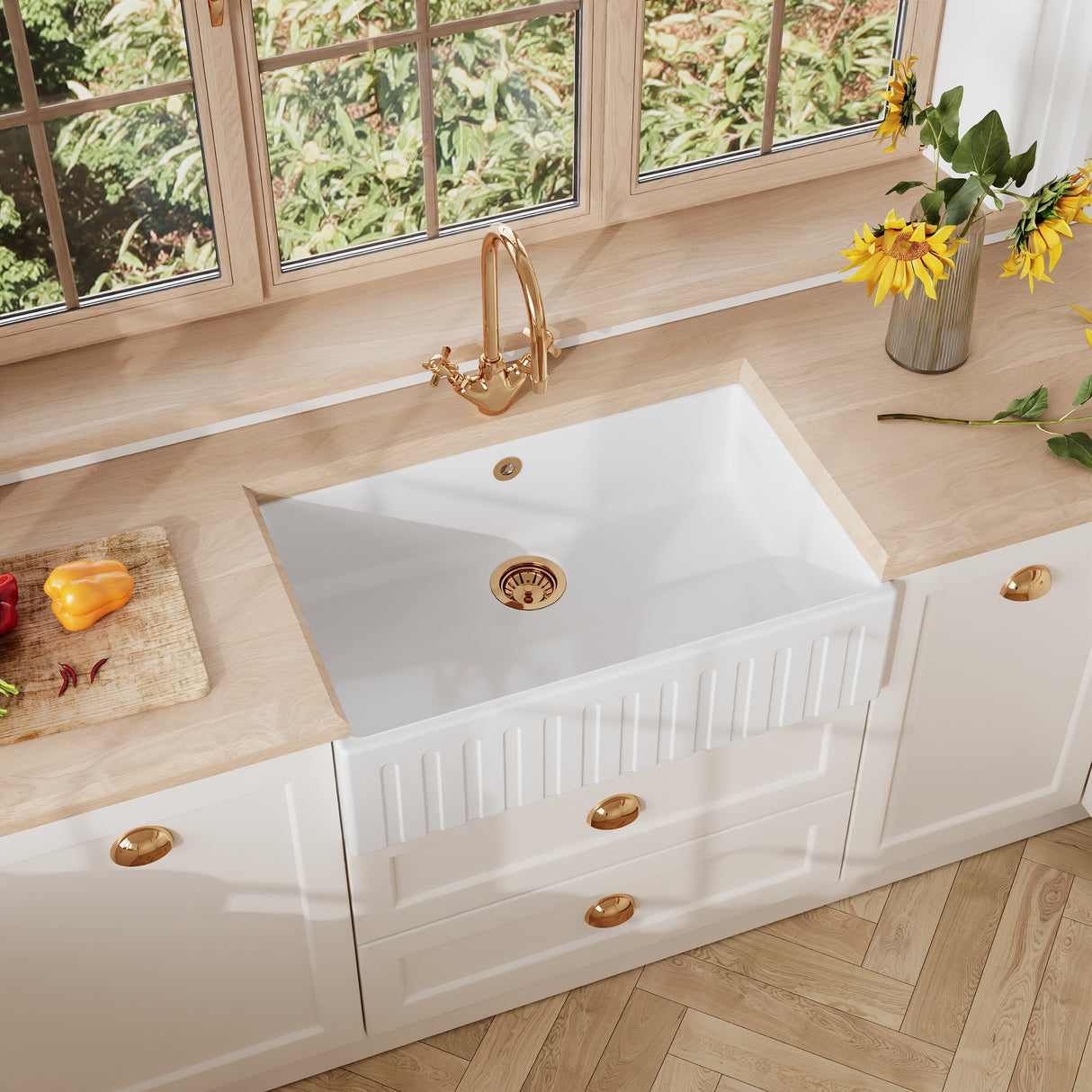Fireclay Kitchen Single Bowl Fluted Butler Sink - Multiple Sizes Available