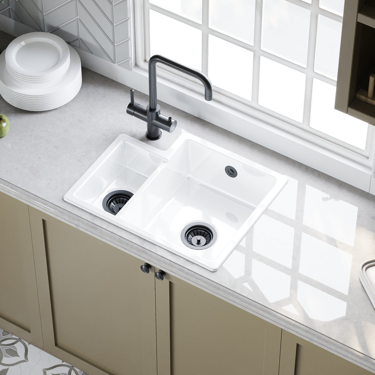Fireclay 1.5 Bowl Undermount Kitchen Sink with Overflow - 549mm - Available as Left or Right Hand