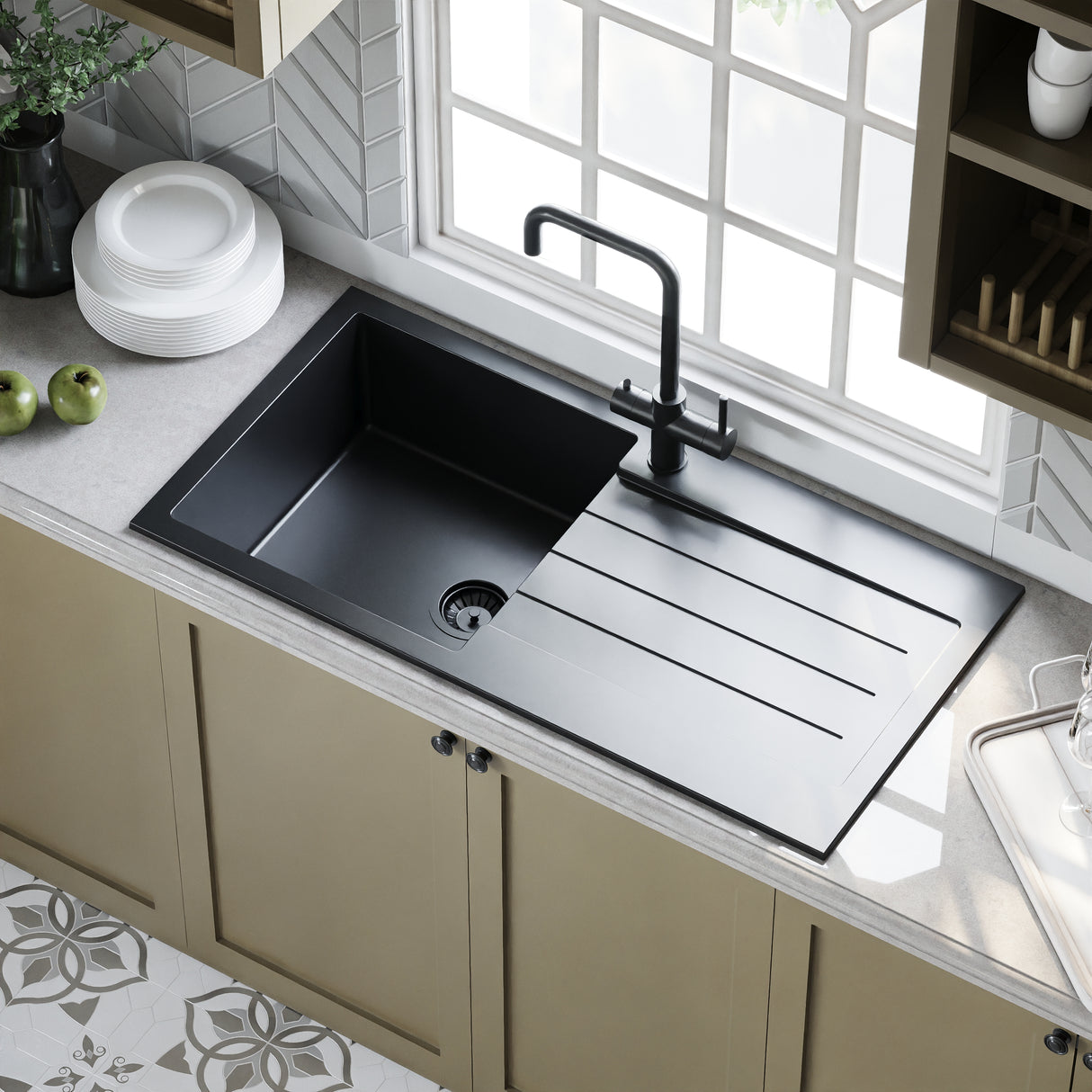 101cm Composite Inset Kitchen Sink with Overflow & Drainer - Available in Multiple Colours