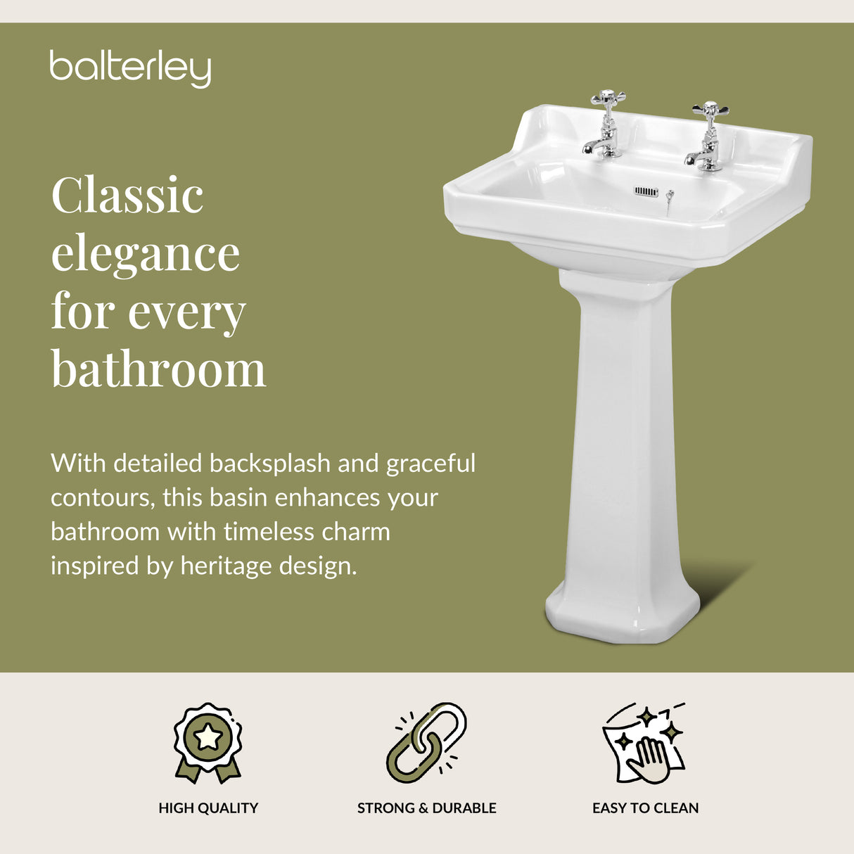 Traditional White 2 Tap Hole Bathroom Basin & Full Pedestal – 560mm