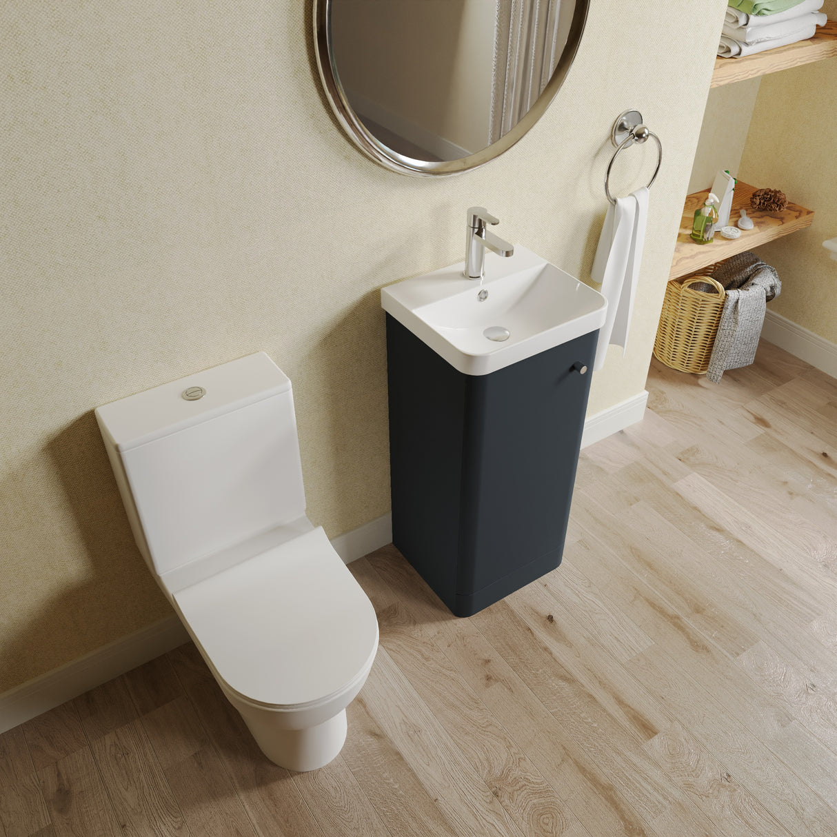 Curve Cloakroom Set - Floor Standing Vanity Basin Unit, Toilet and Mono Basin Mixer Tap
