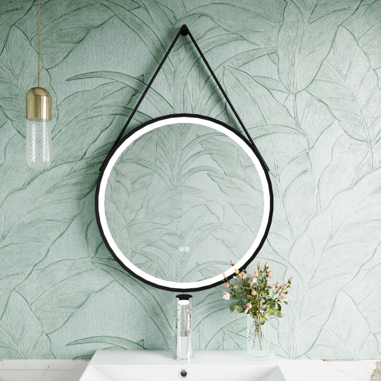 Round LED Illuminated Touch Sensor Framed Mirror with Demister & Strap - Choice of Colour and Size