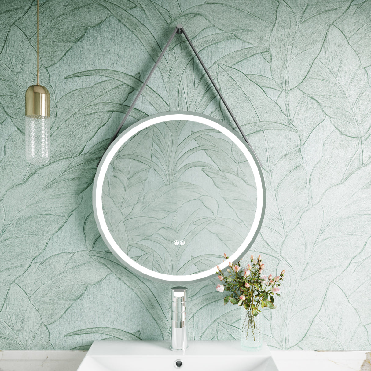 Round LED Illuminated Touch Sensor Framed Mirror with Demister & Strap - Choice of Colour and Size