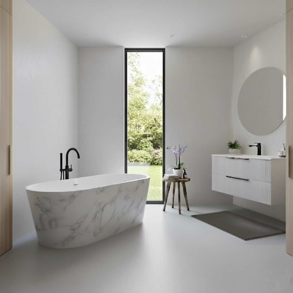 Luxury Modern Freestanding Oval Bath - White Marble Finish