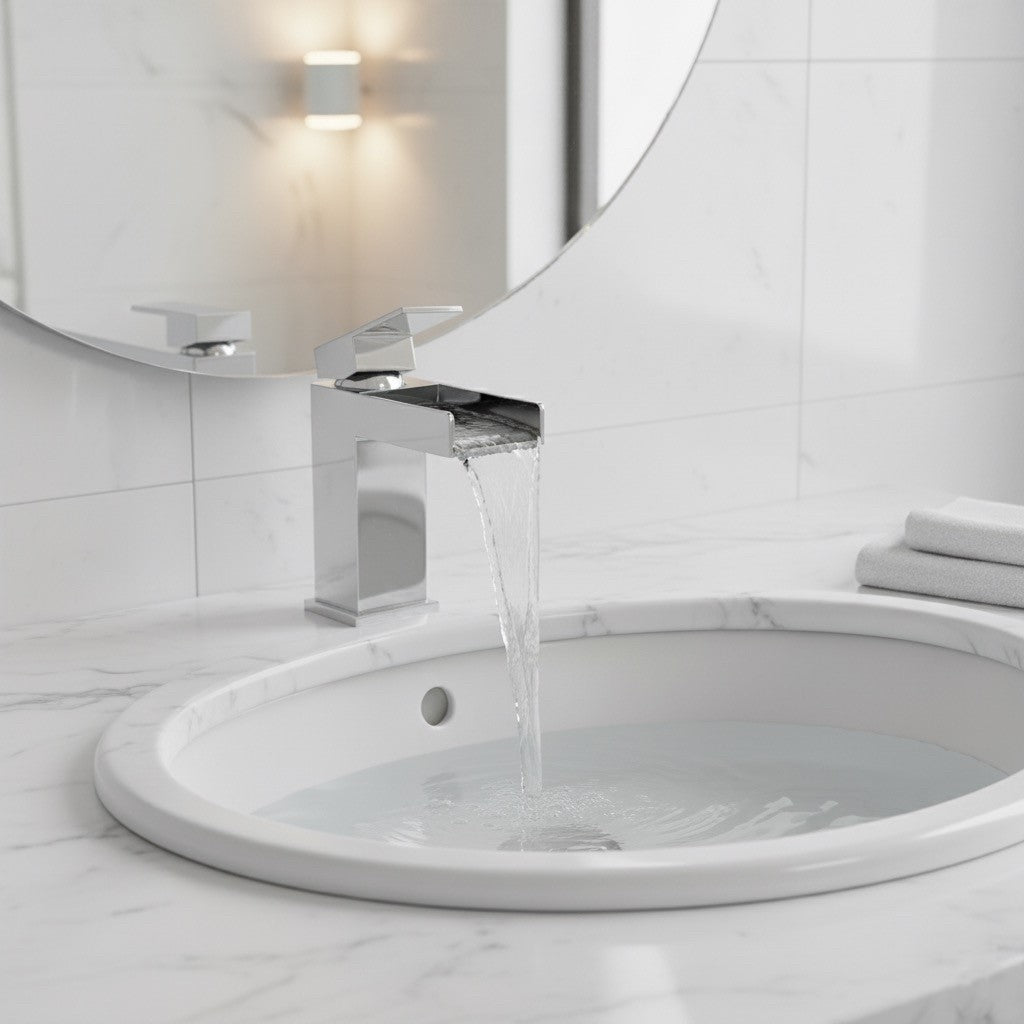 Modern Bathroom Single Lever Square Waterfall Spout Mono Basin Mixer Tap - Chrome