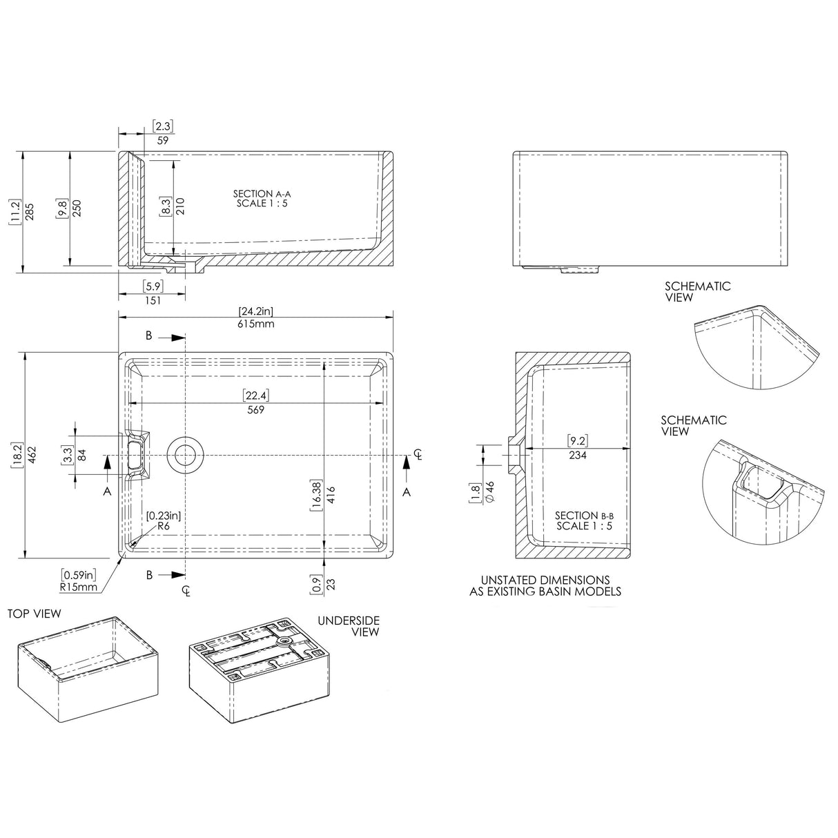 Fireclay Kitchen Bundle - Single Bowl Belfast Sink & Bridge Crosshead Mixer Tap, 615mm - Brushed Nickel