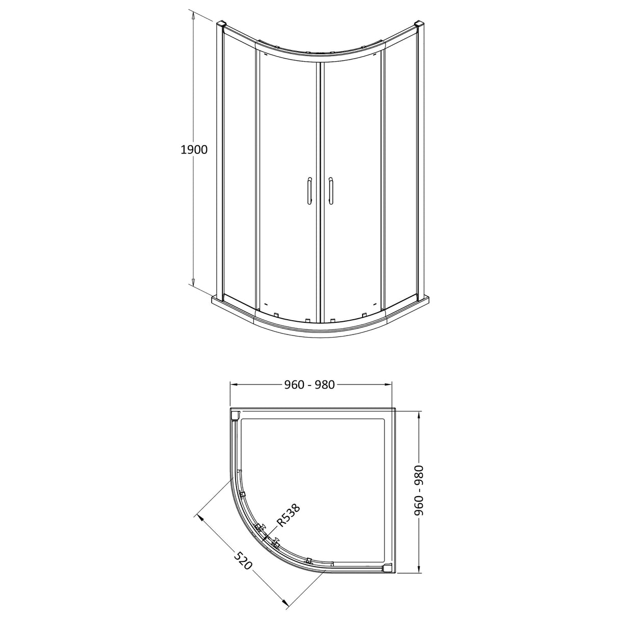 8mm Toughened Safety Glass Quadrant Shower Enclosure - 1900mm Height - Choice of Finish