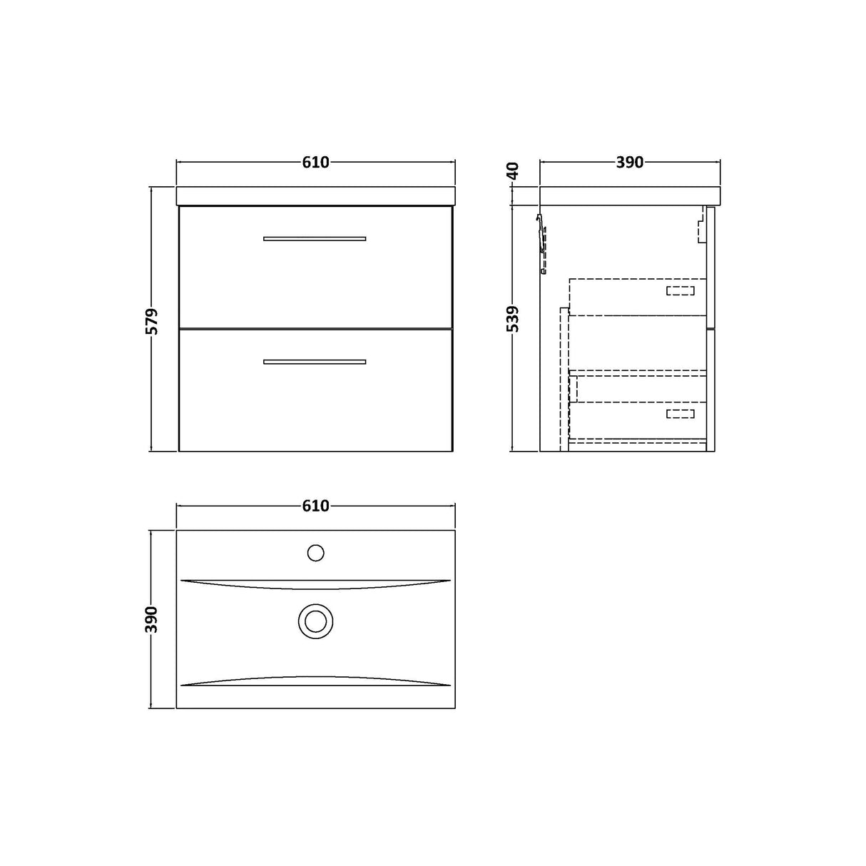 Wall Hung 2 Drawer Vanity Unit with Mid-Edge Ceramic Basin - Choice of Colour, Handle Finish and Size