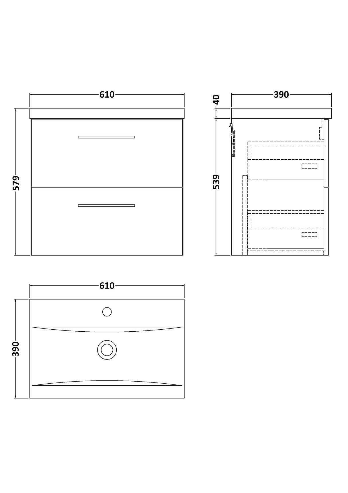 Wall Hung 2 Drawer Vanity Unit with Mid-Edge Ceramic Basin - Choice of Colour, Handle Finish and Size