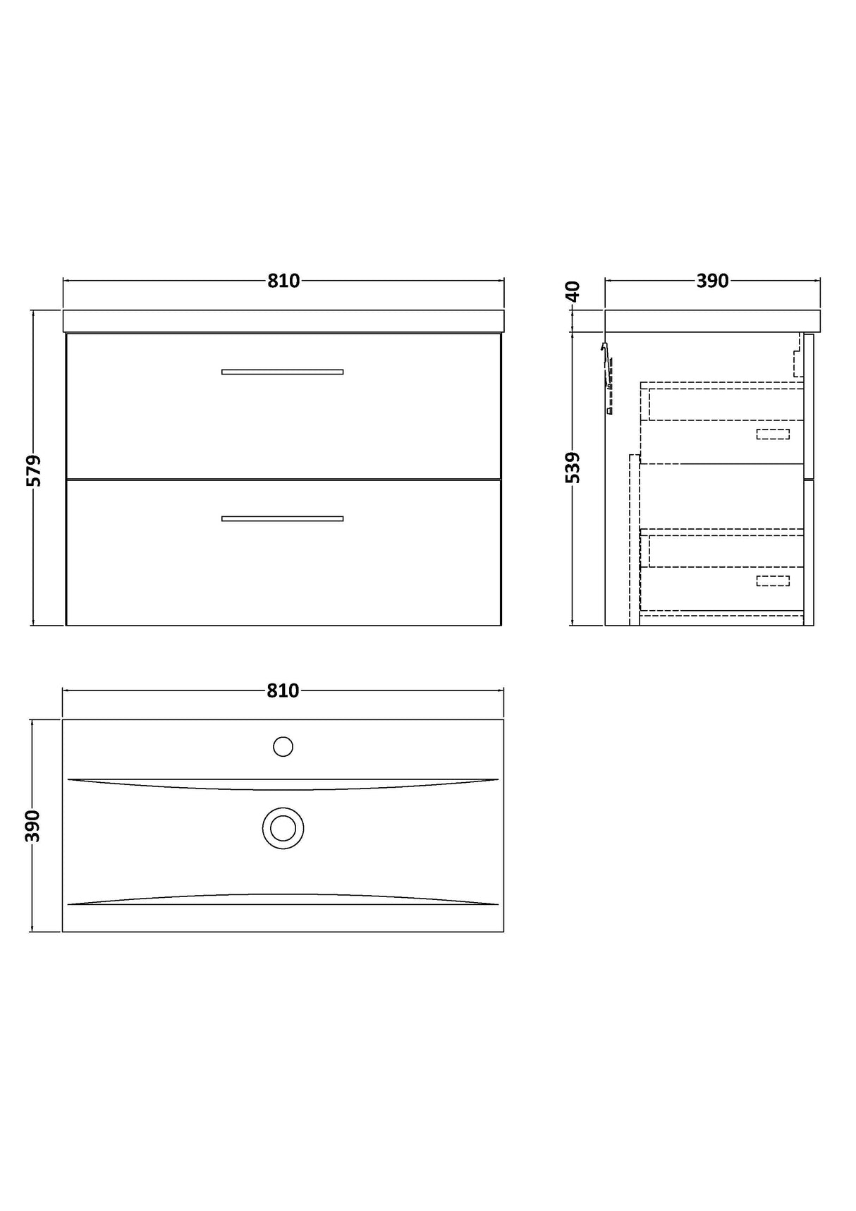 Wall Hung 2 Drawer Vanity Unit with Mid-Edge Ceramic Basin - Choice of Colour, Handle Finish and Size
