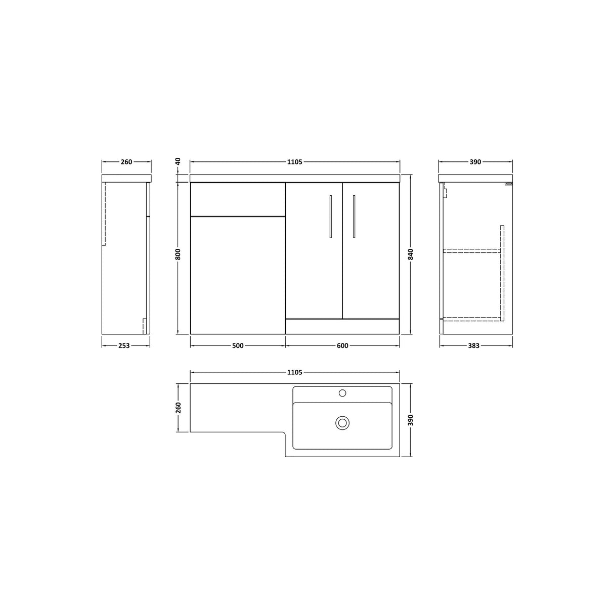 Bathroom Vanity Unit with Basin & WC, Right Hand, 1100mm x 390mm - Choice of Colour