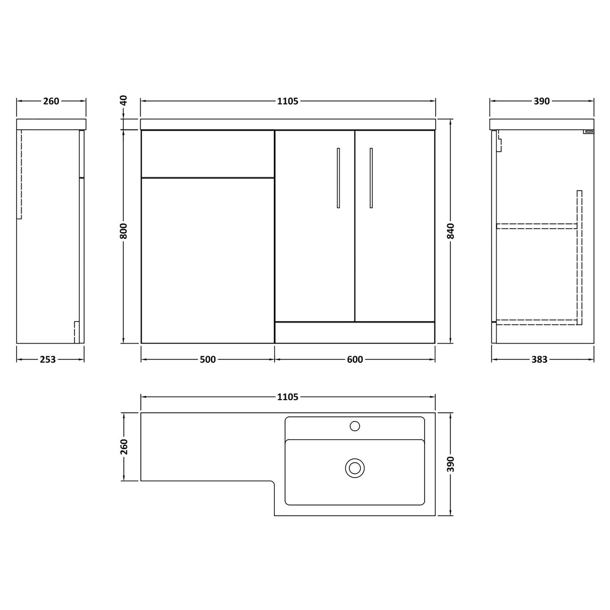 Bathroom Vanity Unit with Basin & WC, Right Hand, 1100mm x 390mm - Choice of Colour
