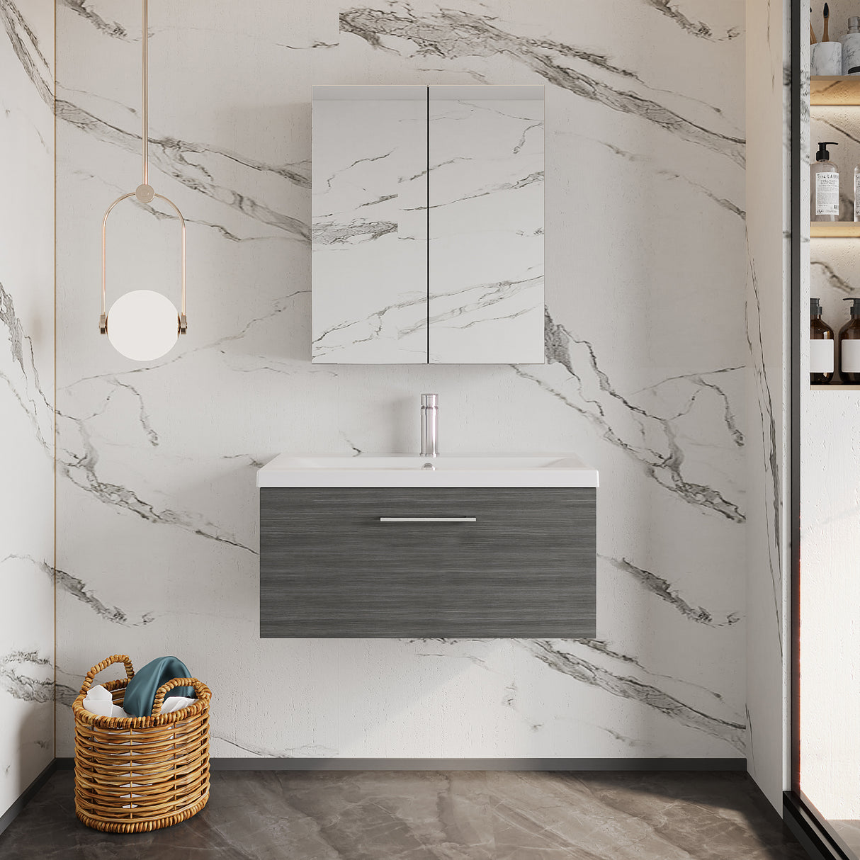 Wall Hung 1 Drawer Vanity Unit with Mid-Edge Ceramic Basin - Choice of Colour, Handle Finish and Size