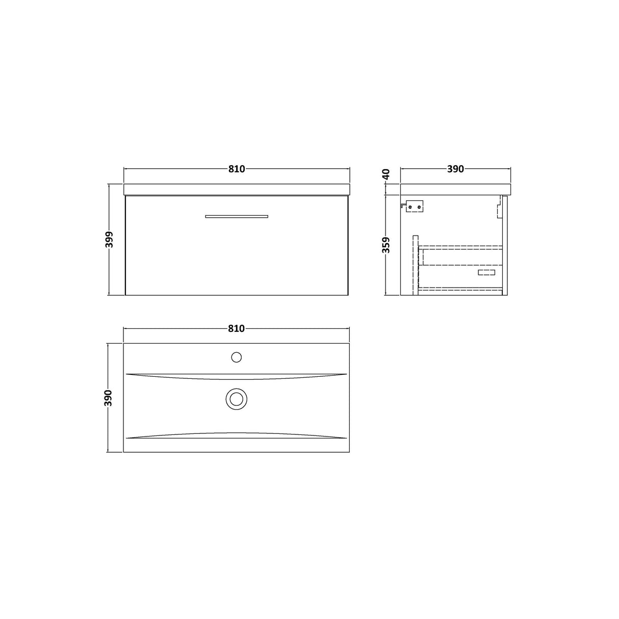 Wall Hung 1 Drawer Vanity Unit with Mid-Edge Ceramic Basin - Choice of Colour, Handle Finish and Size