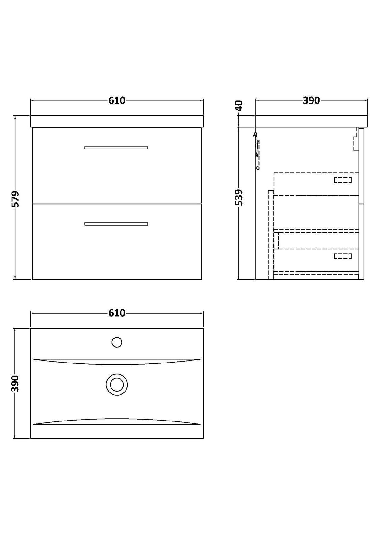 Wall Hung 2 Drawer Vanity Unit with Mid-Edge Ceramic Basin - Choice of Colour, Handle Finish and Size