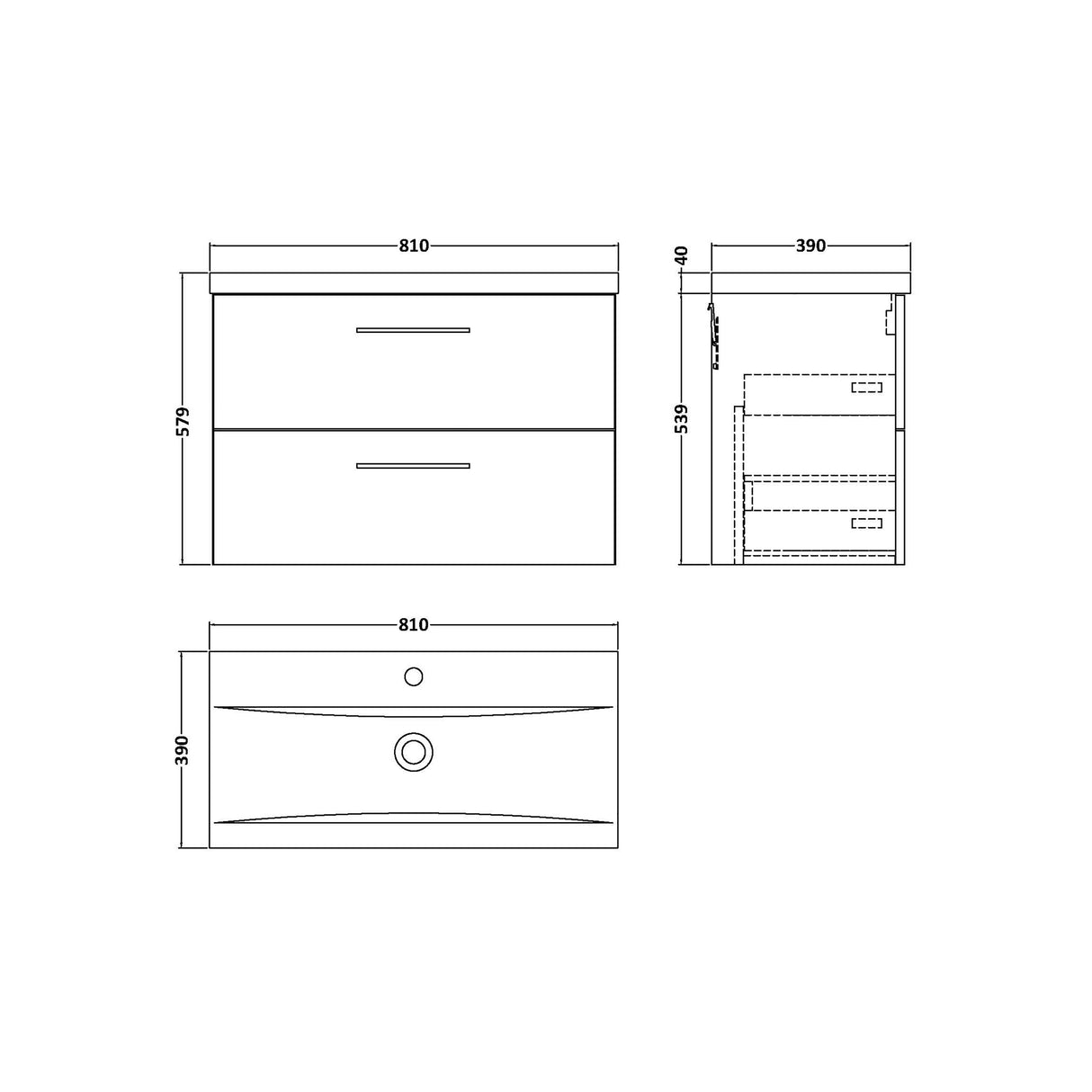 Wall Hung 2 Drawer Vanity Unit with Mid-Edge Ceramic Basin - Choice of Colour, Handle Finish and Size