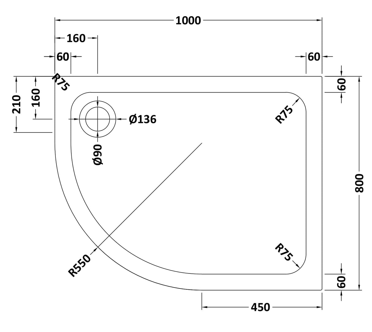Bathroom Offset Quadrant Shower Tray, Anti-Slip, Choice of Size and Orientation
