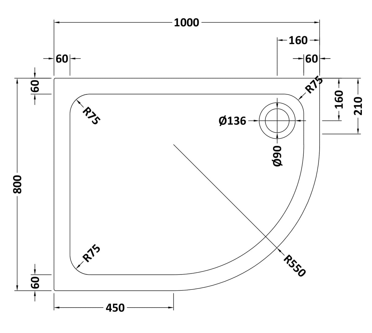 Bathroom Offset Quadrant Shower Tray, Anti-Slip, Choice of Size and Orientation