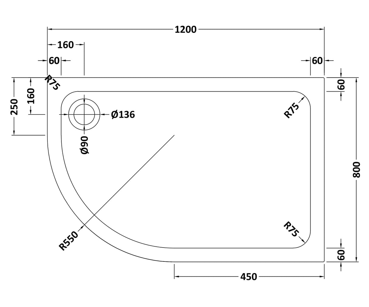 Bathroom Offset Quadrant Shower Tray, Anti-Slip, Choice of Size and Orientation