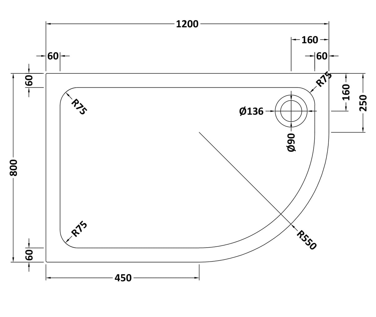 Bathroom Offset Quadrant Shower Tray, Anti-Slip, Choice of Size and Orientation